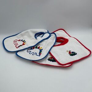 Vintage Baby Bibs Set of 4 Terry Cloth Dinosaur Sailboat Blue Embroidery